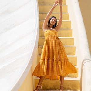 Aesthetic Yellow Cotton Dress, Off Shoulder Maxi Dress, Sleeveless Dress for Ladies, One Piece