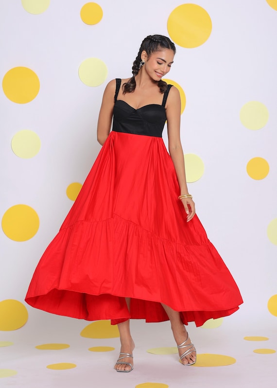 Black and Red Bust Fitted Party Wear 100% Cotton High Low Midi