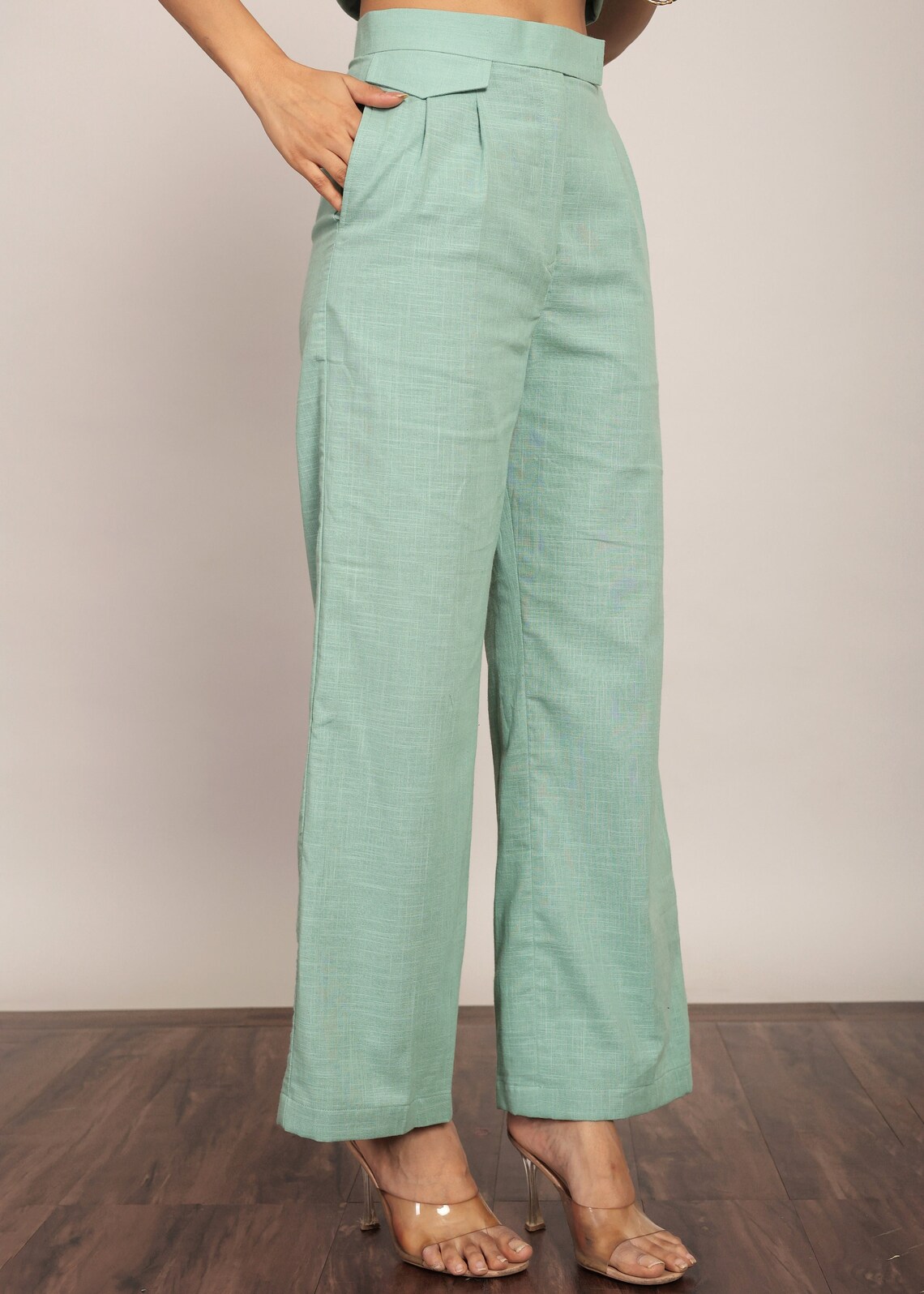 Combo of 2 Mint Green and Peach Cotton Flax Women Trouser Pants-11334