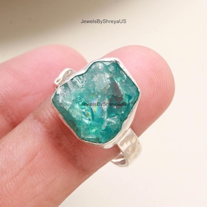Raw apatite ring – dainty blue uncut gemstone 925 Solid Silver june birthstone