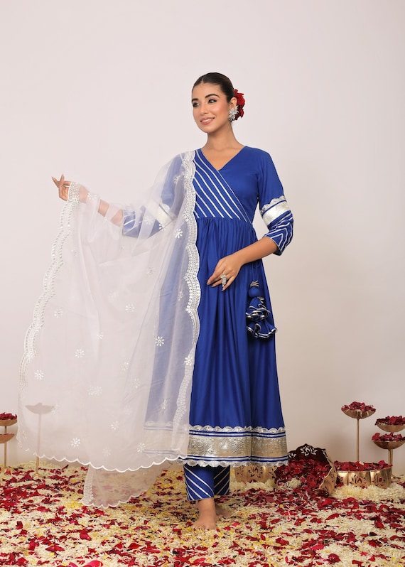 Buy Royal Blue Solid Anarkali Suit Set Paired With Pant and White Dupatta Indian Traditional Outfit Ethnic Anarkali Gown Ocassional Blue Dress Online in India Etsy