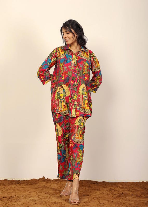 Multicolour Tropical Two Piece Sets, Shirts and Straight Pant 100