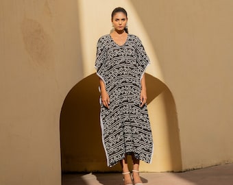 Aesthetic Black Kaftan Dress, Long Kaftan Midi Dress, Black Print Dress for Ladies, Cotton Dress