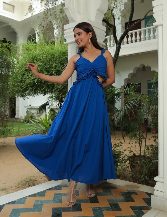 Blue Maxi Dress Long Dress Cotton Maxi Dress Aesthetic Party Dress Flare Dress One Piece Etsy