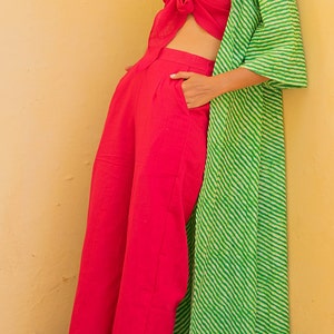 Stylish Three Piece Cotton Dress, Green Lehriya Jacket Pink Top, Trouser, Casual Dress image 4