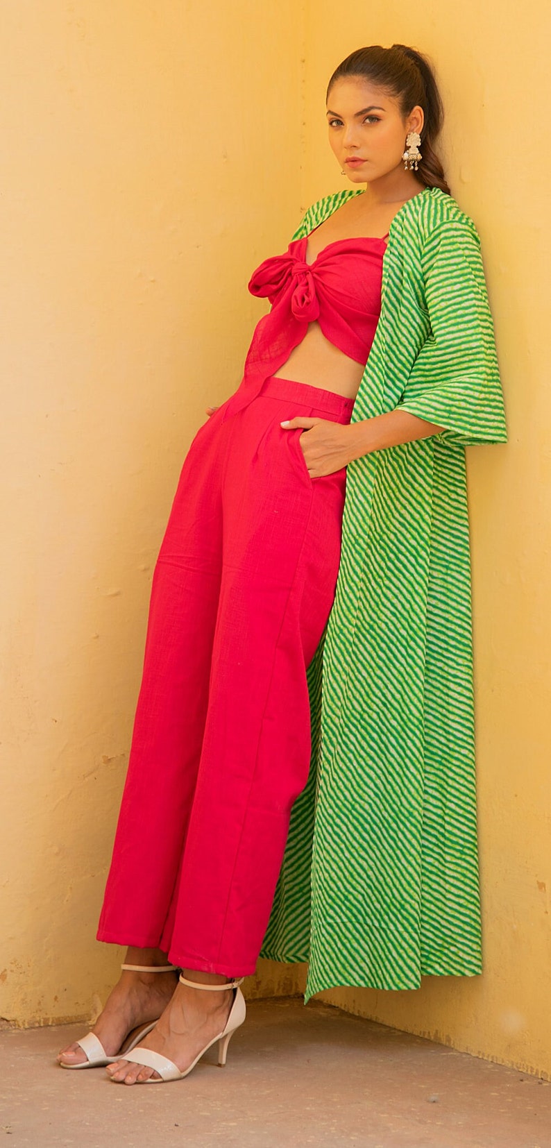 Stylish Three Piece Cotton Dress, Green Lehriya Jacket Pink Top, Trouser, Casual Dress image 4