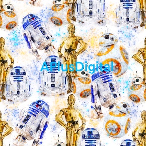 May include: A watercolor pattern featuring Star Wars characters, including R2-D2, C-3PO, and BB-8. The characters are depicted in a white background with blue and orange watercolor splatters.