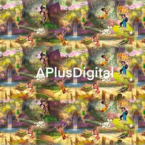 May include: A colorful, whimsical illustration featuring fairies flying around a treehouse in a forest setting. The fairies are wearing various outfits and have different colored wings. The background is filled with flowers, leaves, and other natural elements.
