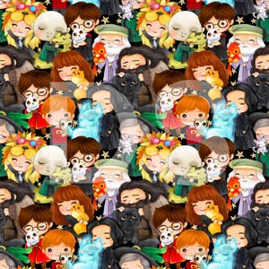 Op de afbeelding: Een naadloos patroon met cartoonfiguren uit de Harry Potter-serie. De personages worden afgebeeld in verschillende poses, waaronder het vasthouden van toverstokken, boeken en andere magische voorwerpen. De achtergrond is donkerblauw met sterren. De personages dragen allemaal Hogwarts-uniformen en hebben verschillende haarkleuren en oogkleuren.