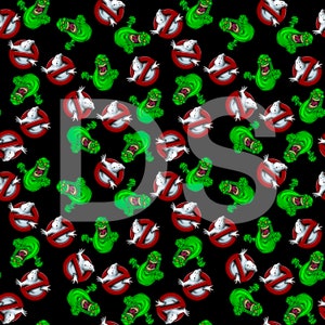 May include: A black background with a repeating pattern of green ghosts and red and white "no ghost" signs. The ghosts are cartoonish and have a menacing expression.