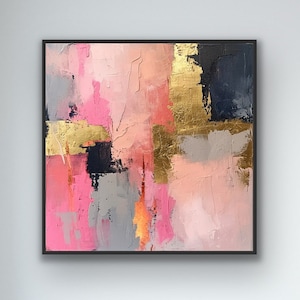 May include: Abstract painting featuring pink, gold, and grey colours. The painting has a textured surface and a contemporary style.