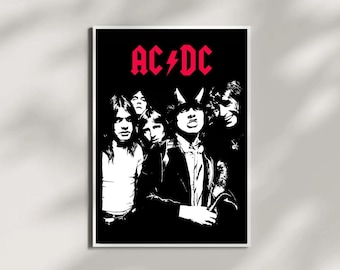 Könnte beinhalten: Schwarz-weiß-Poster mit der Band AC/DC. Der Bandname ist rot, mit einem Blitz zwischen den Buchstaben. Das Bild zeigt die Bandmitglieder in einem stilisierten, kontrastreichen Design.