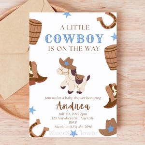 Cowboy Baby Shower Invitation, A Little Cowboy Baby Shower Rodeo Invite, Wild West Western Baby Shower Editable Invite Canva Template Evite