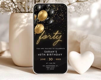 Digitale 40. Geburtstagseinladung Schwarz und Gold, 40. Geburtstagsfeier einladen, 40. Partyeinladung, 40 Einladung Ecard, Canva Bearbeitbare Vorlage