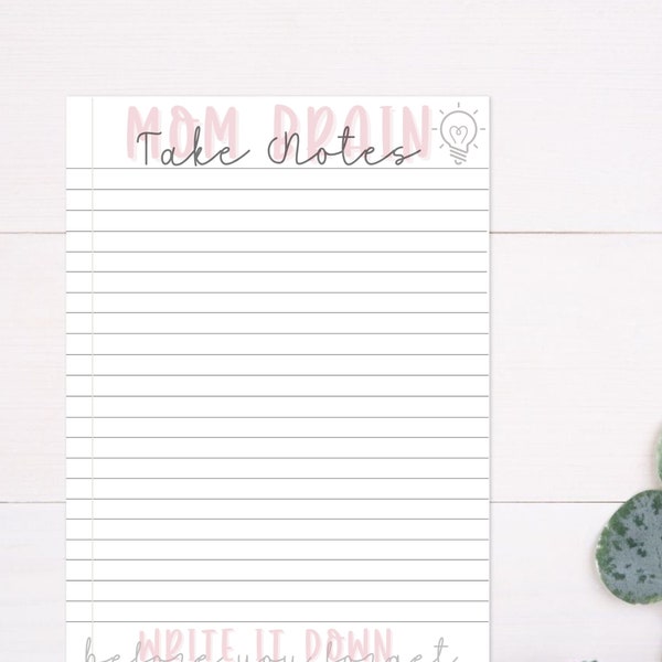 Printable, Mom Brain, Notes Page, Mom Notes, Mom printable, Notebook Paper, Lined Notes page, Mom Gift, Mom life, Organization, Home Planner