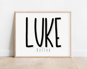 May include: A framed print with the name "LUKE" written in black script with a shadow effect. The name "KELLEN" is written in smaller font below the name "LUKE".