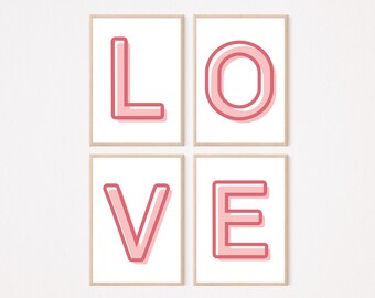 Valentines Printable Wall Art, lot de 4 galeries d'art, téléchargement numérique de la Saint-Valentin, lot d'art mural, décor de vacances, décoration murale lettre, art de l'amour