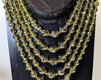Vintage Green Peridot Crystal beads 5 strands row Glamor Necklace Chocker Gold
