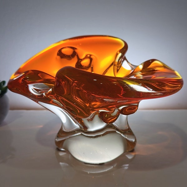 Footed Canadian ART GLASS Chalet Cigar Ashtray orange Mid Century Modern Bowl