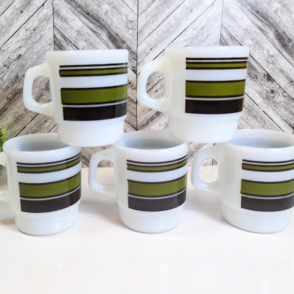 LOT Vintage 5 Fire-king Coffee Milk Glass MUG Olive green Stripes Anchor Hocking