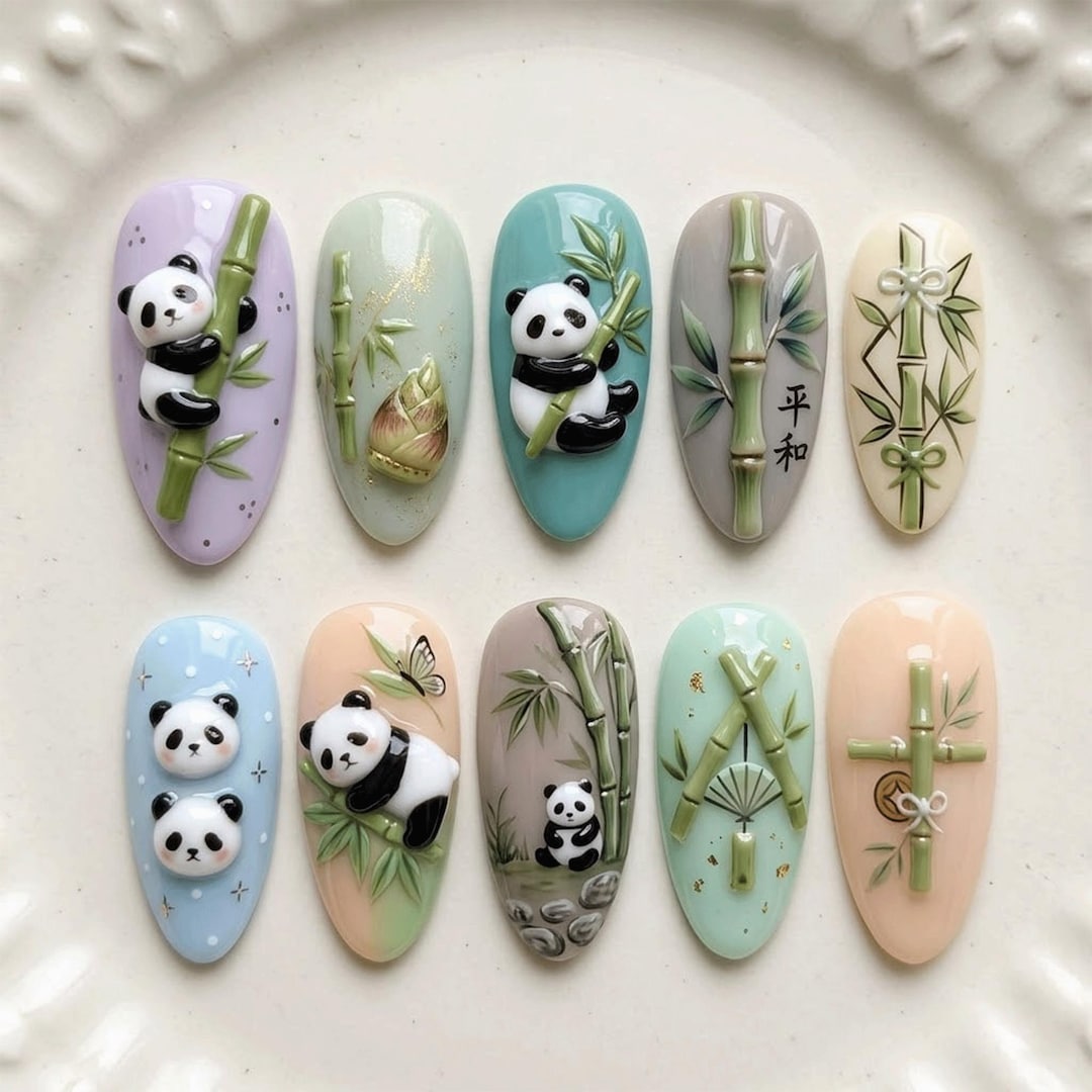 Cute Panda Bamboo Press on Nails, 3D Kawaii Animal Nails, Pastel Green ...