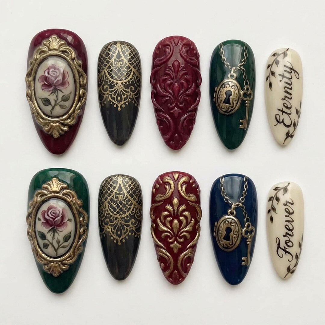Gothic Romance Press on Nails 3D Victorian Rose Cameo Nails Dark Green ...