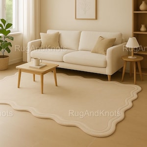 Beige scalloped orange tufted rug| scalloped solid irregular tufted rug made in newzealand wool |Best for room living room hallway