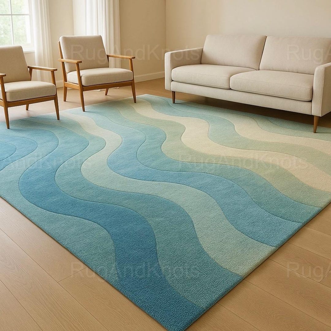 Blue Wavy Pattern Rug Blue Wave Wool Rug | Hand-tufted Abstract Design - Etsy
