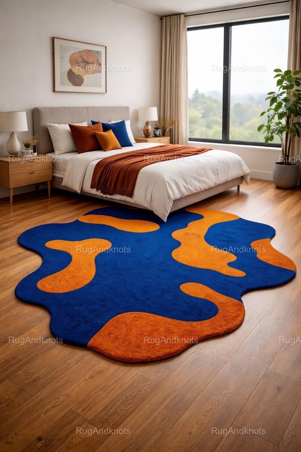 Blue & Orange Wool Rug | Abstract Hand-tufted Rug, 5x7 - Etsy
