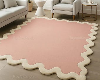 Rosa vågig ullmatta | Handtuftad, modern abstrakt design