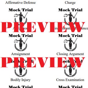 May include: A mock trial game featuring a black and white illustration of Lady Justice holding a sword and scales. The game includes terms such as "Affirmative Defence", "Charge", "Arraignment", "Closing Argument", "Bodily Injury", "Cross Examination", "Burden of Proof", and "Direct Examination".