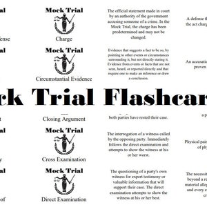 May include: Black and white flashcards with the text "Mock Trial Flashcards" at the top. Each card has a black and white illustration of a gavel and scales of justice with a laurel wreath. Each card has a legal term written below the illustration. The terms include: Affirmative Defence, Charge, Allegation, Circumstantial Evidence, Arraignment, Bodily Injury, Burden of Proof, Closing Argument, Cross Examination, Direct Examination.