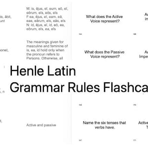 Może przedstawiać: Kolekcja fiszek Henle Latin Grammar Rules z czarnym tekstem na białym tle. Karty przedstawiają różne łacińskie koniugacje czasowników, deklinacje zaimków oraz pytania gramatyczne, takie jak What does the Active Voice represent i Name the six tenses that verbs have.