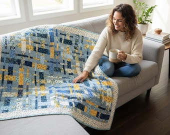 Hand-Stitched Blue Floral Quilt: Cozy Couch Throw, 63x76 Inches