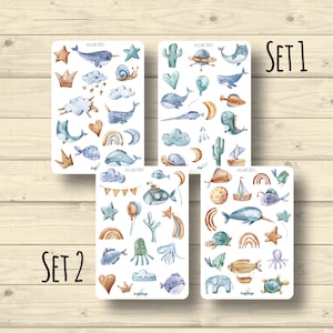 Sticker Set, Holzspielzeug, Meerestiere, Baby, Regenbogen, Wal, Luftschiff, 2 Sets, Aufkleber Planner Stickers, cute Scrapbooking Stickers