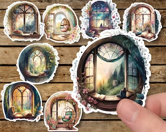 Sticker set of 8, window and books, stickers, vinyl, paper, planner stickers, scrapbooking stickers