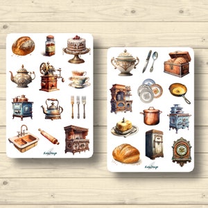 Sticker Set Küche vintage Brot Torte Herd Teekanne Geschirr Besteck, Aufkleber Planner Stickers, cute Scrapbooking Stickers
