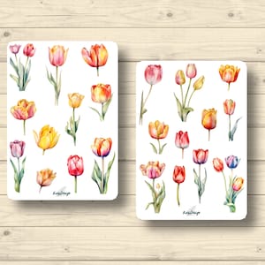 Ensemble d’autocollants, tulipes fleurs prairie printemps plantes florales autocollants planificateur autocollants, autocollants scrapbook