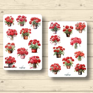 Sticker Set Nelken rot in Vasen Blumen Pflanzen Blüten Strauß, Aufkleber Planner Stickers, cute Scrapbooking Stickers