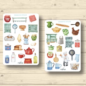 Sticker Set, Landküche, vintage, Farm, bäuerlich, Küchengeräte Holz Blech, Geschirr Aufkleber Planner Stickers, cute Scrapbooking Stickers