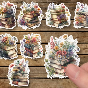 8 Sticker Set, Bücherstapel mit Blumen, Bücher, Aufkleber Planner Stickers, cute Scrapbooking Stickers