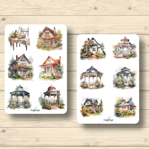 Set di adesivi cottage, fattorie, padiglioni, case, edifici, vita di campagna, adesivi per pianificatore, graziosi adesivi per scrapbooking