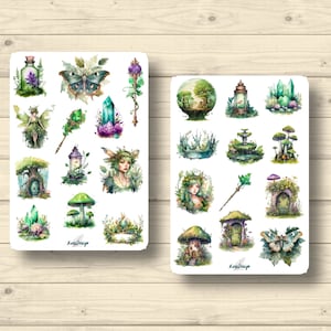 Sticker Set Waldfee Waldgeister Kristalle grün Feenwald Pilze Zauberwald, Aufkleber Planner Stickers, cute Scrapbooking Stickers