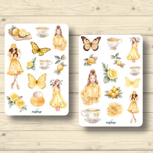 Stickerset, meisje in gele citroenvlinder theekopjes natuur zomerstickers planner stickers, scrapbook stickers