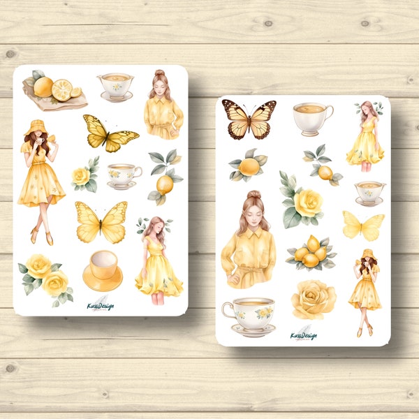 Set di adesivi, Girl in Yellow Lemons Butterfly Teacups Nature Summer Stickers Planner Stickers, Scrapbook Stickers