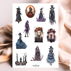 Feuille d'autocollants Halloween sorcières gothiques