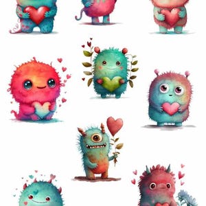 May include: A collection of nine watercolor illustrations of cute, colorful monsters holding heart-shaped objects. The monsters are in various colors, including red, blue, and green, and some have horns or antennae. The image has a Valentine's Day theme.