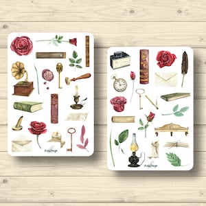 Sticker Set Bücher Rosen vintage Kalligraphie Kerzen Siegelwachs, Aufkleber Planner Stickers, cute Scrapbooking Stickers