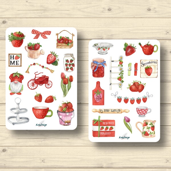 Sticker Set, Erdbeeren Gnom Erdbeermarmelade Erdbeerdeko Obst Frühling Aufkleber Planner Stickers, cute Scrapbooking Stickers