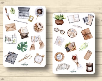 Sticker set for working from home, laptop, workspace, notes, planner stickers, cute scrapbooking stickers